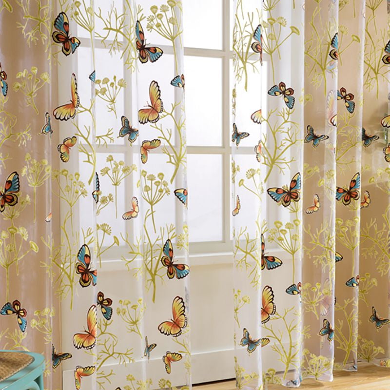 White Sheer Panel Pink Butterfly Embroidery Curtain Tulle for Sliding Glass Door 