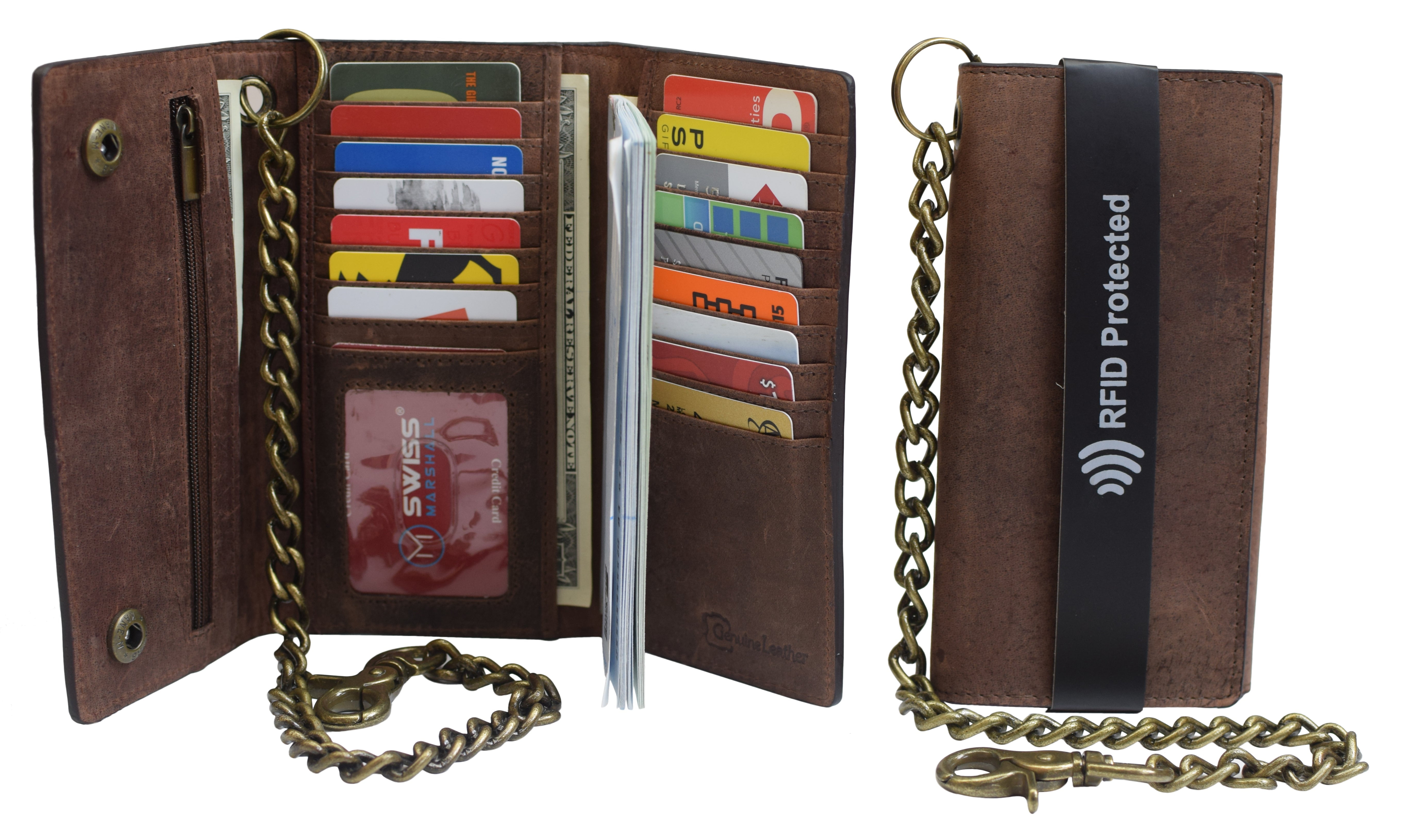 Mens long leather wallet with chain hot sale