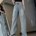 thumbnail image 5 of Soyumi Elastic Waist Boyfriend Jeans Straight Leg High Waisted Baggy Baggy Jeans Sweatpants Women Printed Cargo Pants Women Hiking Outdoor Casual Jeans for Women Trendy Workout Ski Lounge, Blue, 5 of 8