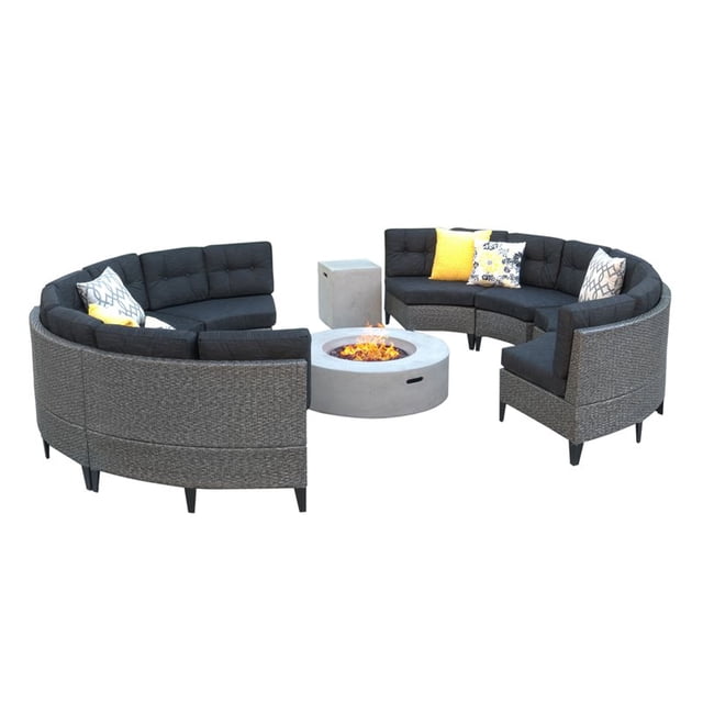 Navagio Ensemble de Canapé Rond en Osier Noir Mélangé 10 Pcs avec Table à Feu Gris Foncé