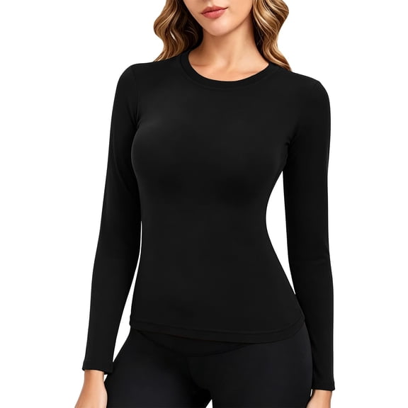 BXJX Womens Thermal Tops Long Sleeve, Stretchy Slim Fit Crew Neck Layering Shirts Black Size S-2XL