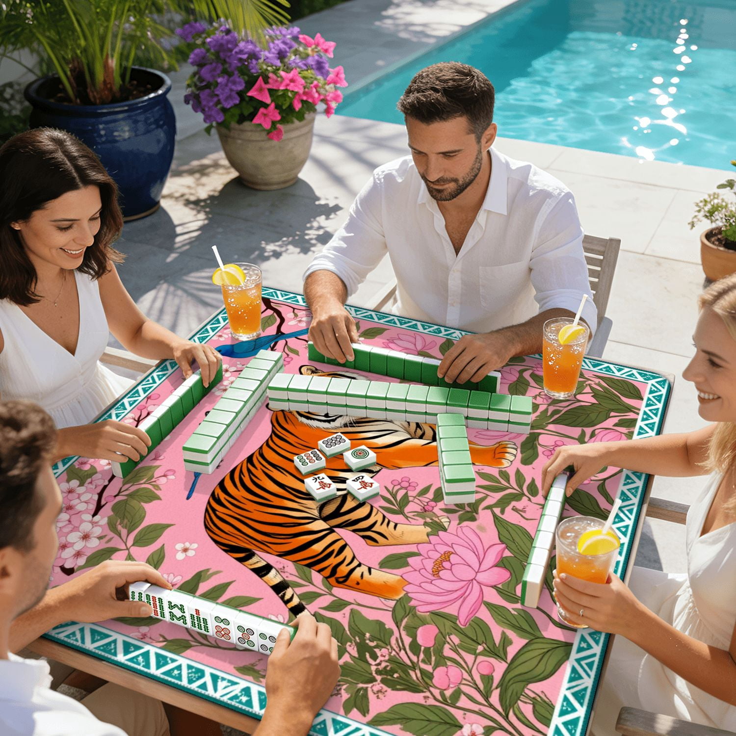 Mahjong Mat 31.5" x 31.5" Tiger Pink Floral Garden Birds Butterfly Decorative Oriental Style Non-Slip Noise Reduction American Mahjong Tiles Table Cover for Dominoes Poker Card Board Games Gift