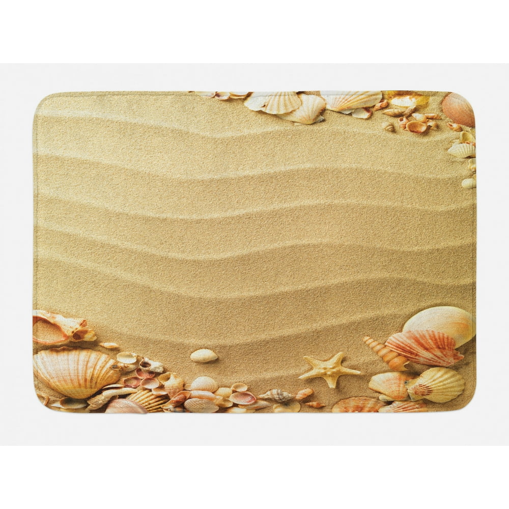 Beach Bath Mat, Nautical Composition with Sandy Beach Frame Surrounded