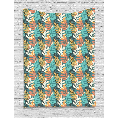 Contemporary Leaf Silhouette - Pastel Tapestry, Hand Drawn Style Leaves with Colorful Silhouettes Contemporary Doodle Composition, Wall Hanging for Bedroom Living Room Dorm Decor, 40W X 60L Inches, Multicolor, by Ambesonne