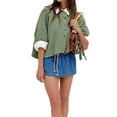 thumbnail image 2 of Women Y2K Button Front Crop Sweater Cardigan Solid Color Crew Neck Middle Sleeve Knit Tops Streetwear Green S, 2 of 8