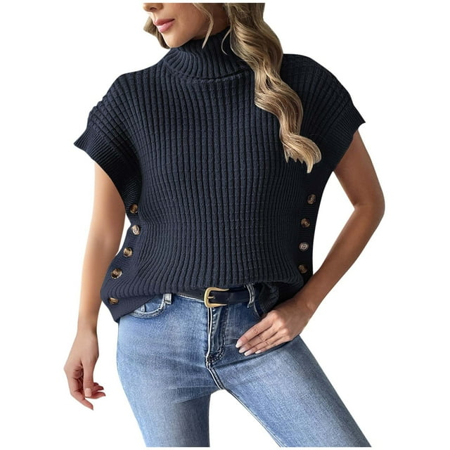 Dagegui Women's Turtleneck Sweaters Solid Cap Sleeve Pullover Side Button Down Jumper Fall Knitted Vest Tops Navy,Free Size