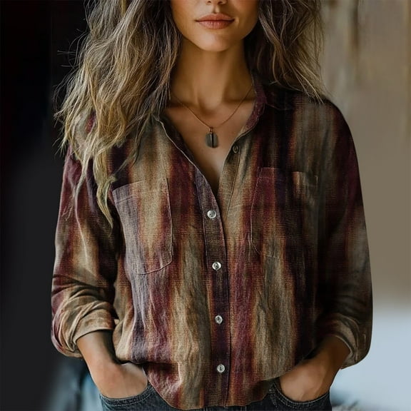 Bovemsi Women Cotton Shirt Printed Fashion Down Shirts Casual Tops Long Sleeve Blouse, Brown Women's Summer Shirts, M