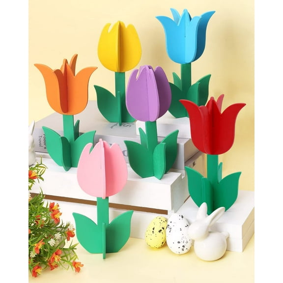 Dalrosia 6PCS Spring Tulip Tiered Tray Decor Colorful 3D Wood Tulip Tabletop Decor Hello Spring Easter Wooden Sign Easter Table Sign for Home Office Holiday Party Supplies