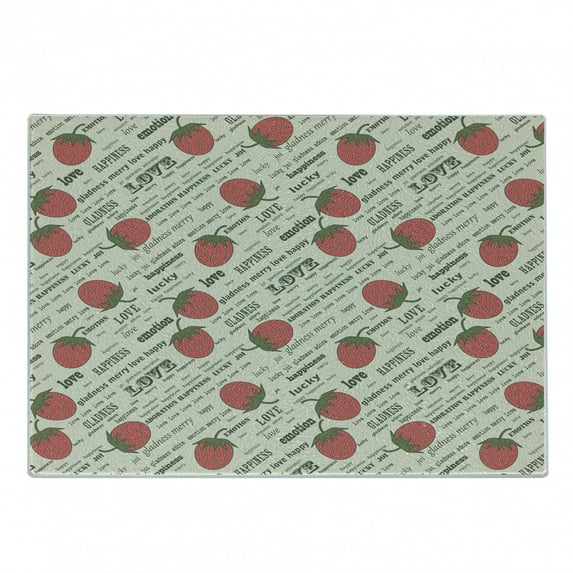 Fruits Cutting Board, Retro Valentine Theme with Strawberry Love Happiness Merry Lucky Image, Decorative Tempered Glass Cutting and Serving Board, Small Size, Eggshell Ruby Army Green, by Ambesonne