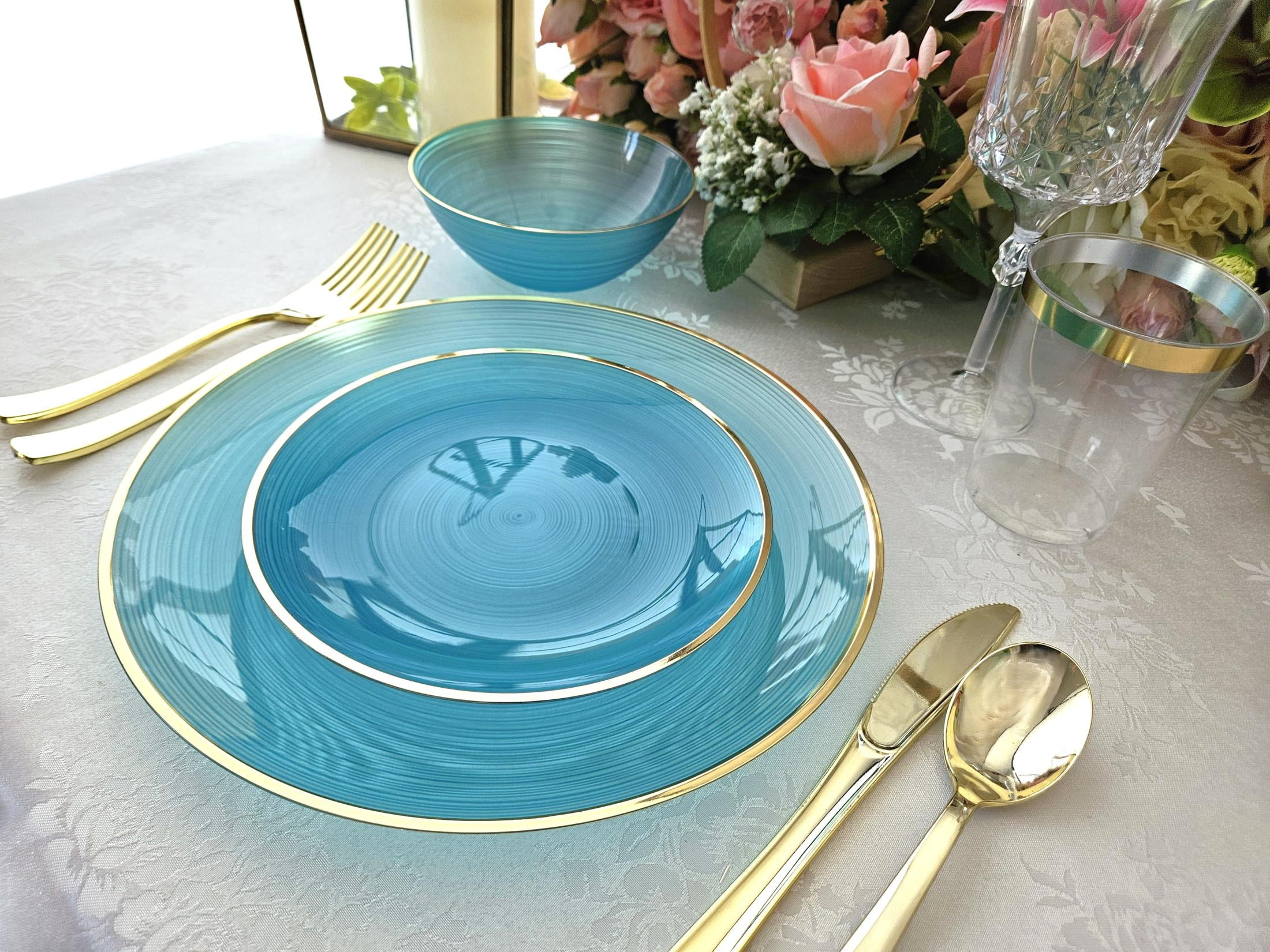 " OCCASIONS " 120 Plates Pack,(60 Guests) Premium Wedding Party Disposable Plastic Plates Set -60 x 10'' Dinner + 60 x 7'' Salad / Dessert (Belize, Aqua & Gold)