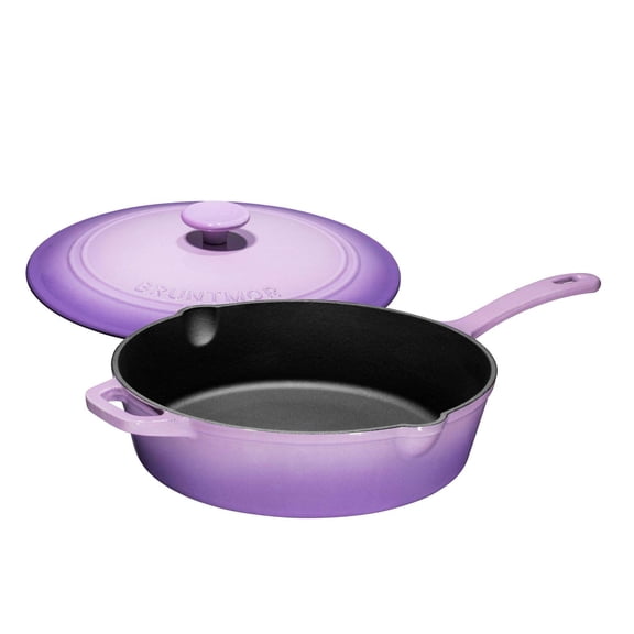 Bruntmor 5qt Enameled Cast Iron Skillet with Lid and Handle - Non-Stick Grill Frying Pan, Saute Pan, and Bakeware in Purple Color