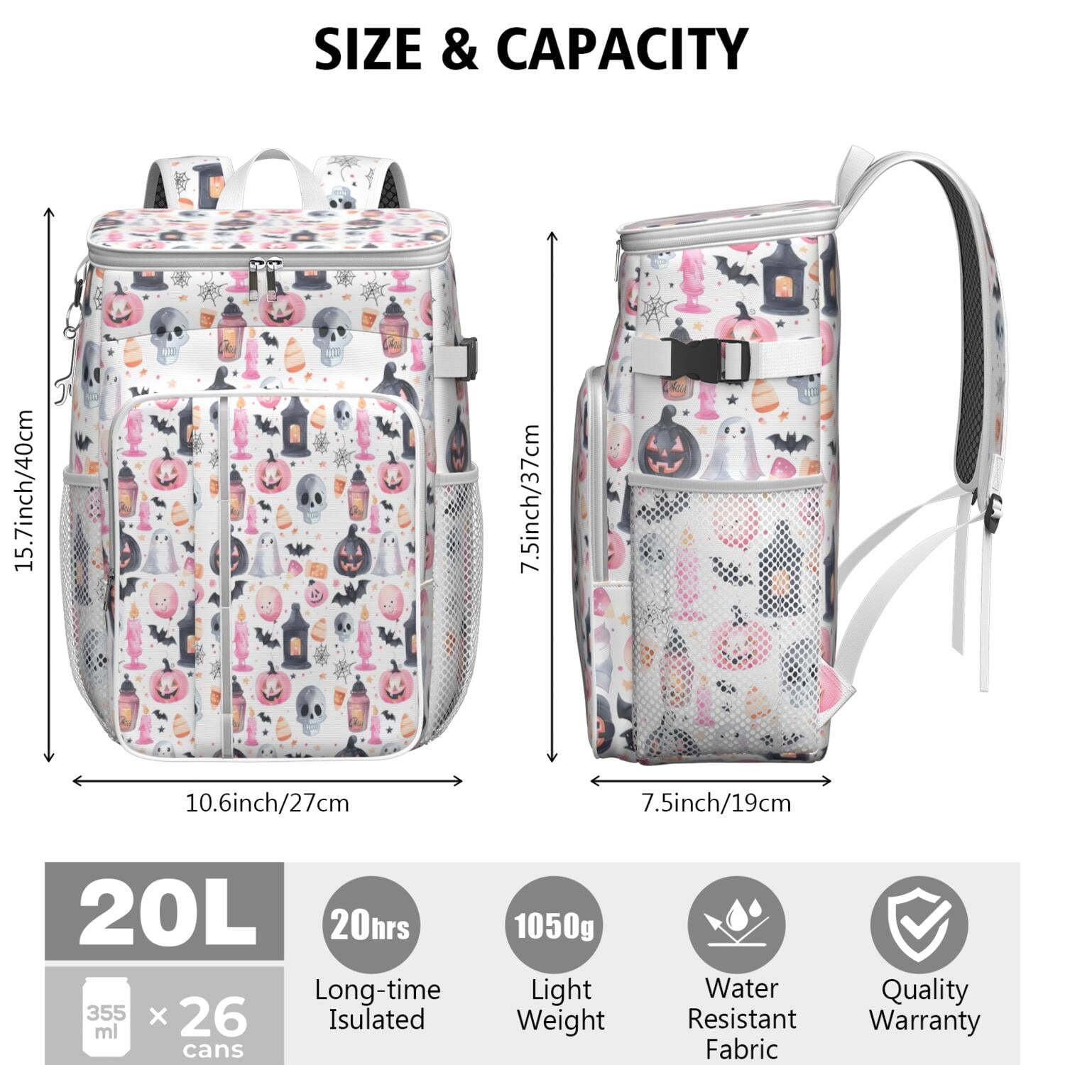Travel Cooler Bag - Pastel Halloween Pattern Camping Beer Cooler Backpack with Bottle Opener- Waterproof Insulated Picnic Backpacks - Cooler Bag for Beach
