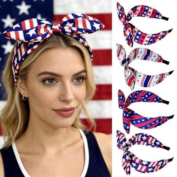 Miorin Under $5 4th of July Bow Headband, Star Striped Bunny Ear Headband for Women, Patriotic Holiday Hair Accessories, Independence Day Party Headwear, Blue Heardband