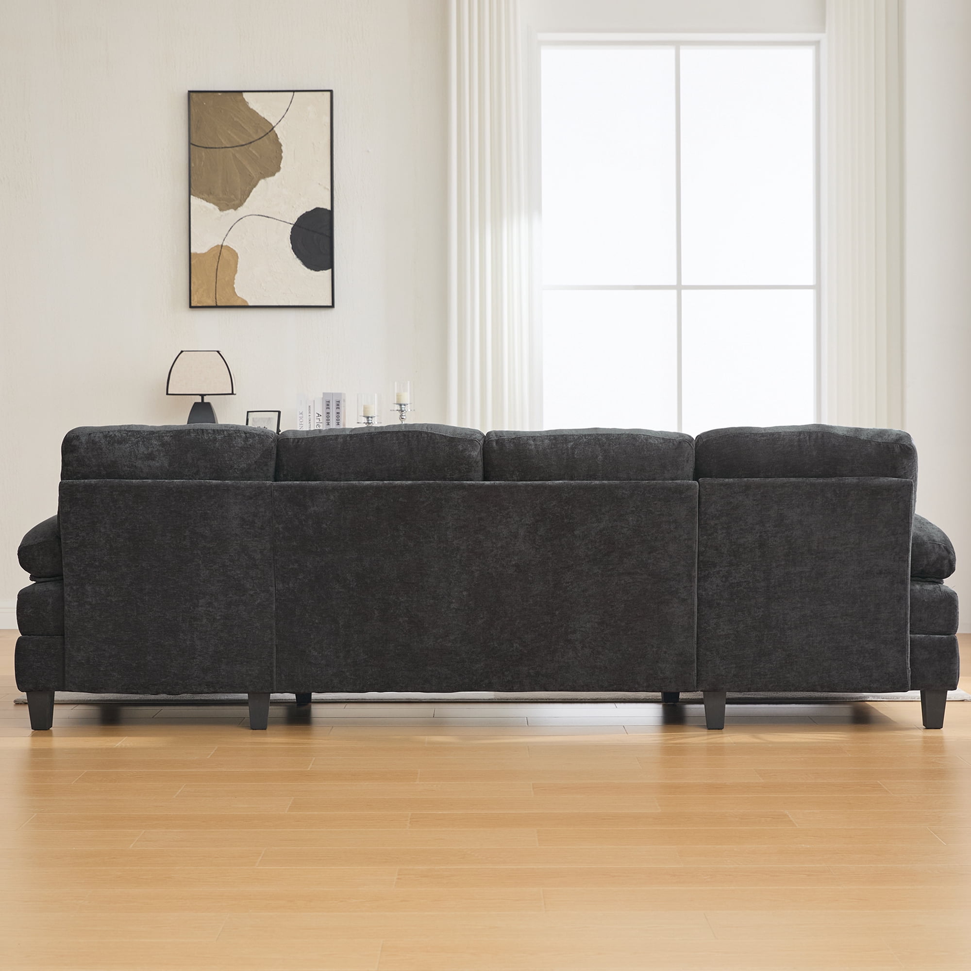 Leumius U Shaped Sectional Sofa, 103.5" Chenille Fabric Couch with Double Chaise Lounges, U Shaped Couch for Living Room, Black
