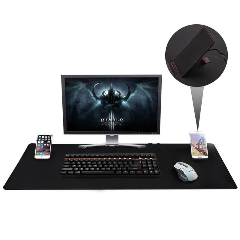 Black Jelly Comb Huge Mouse Mat Desk Pad-34x23 Extended Edition Cloth Solid Mousemats Non-slip Rubber Base Smooth Surface Stitched Edge with Two SmartPhone Tablet Stands Large Gaming Mouse Pad 