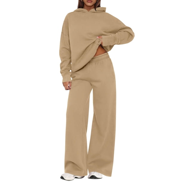 Conjunto Deportivo PRETTYGARDEN 2 Piezas Sudadera con Capucha y Pantalones Anchos Caqui M