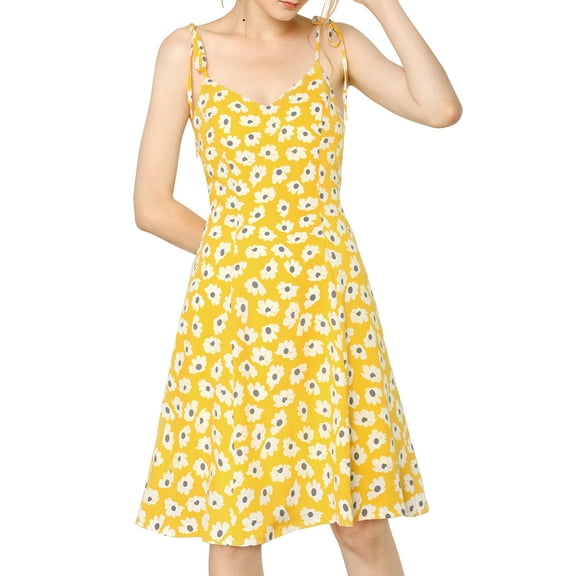 INSPIRE CHIC Women's Summer Spaghetti Strap Dress Floral Sleeveless Cami Midi Sundresses S Yellow