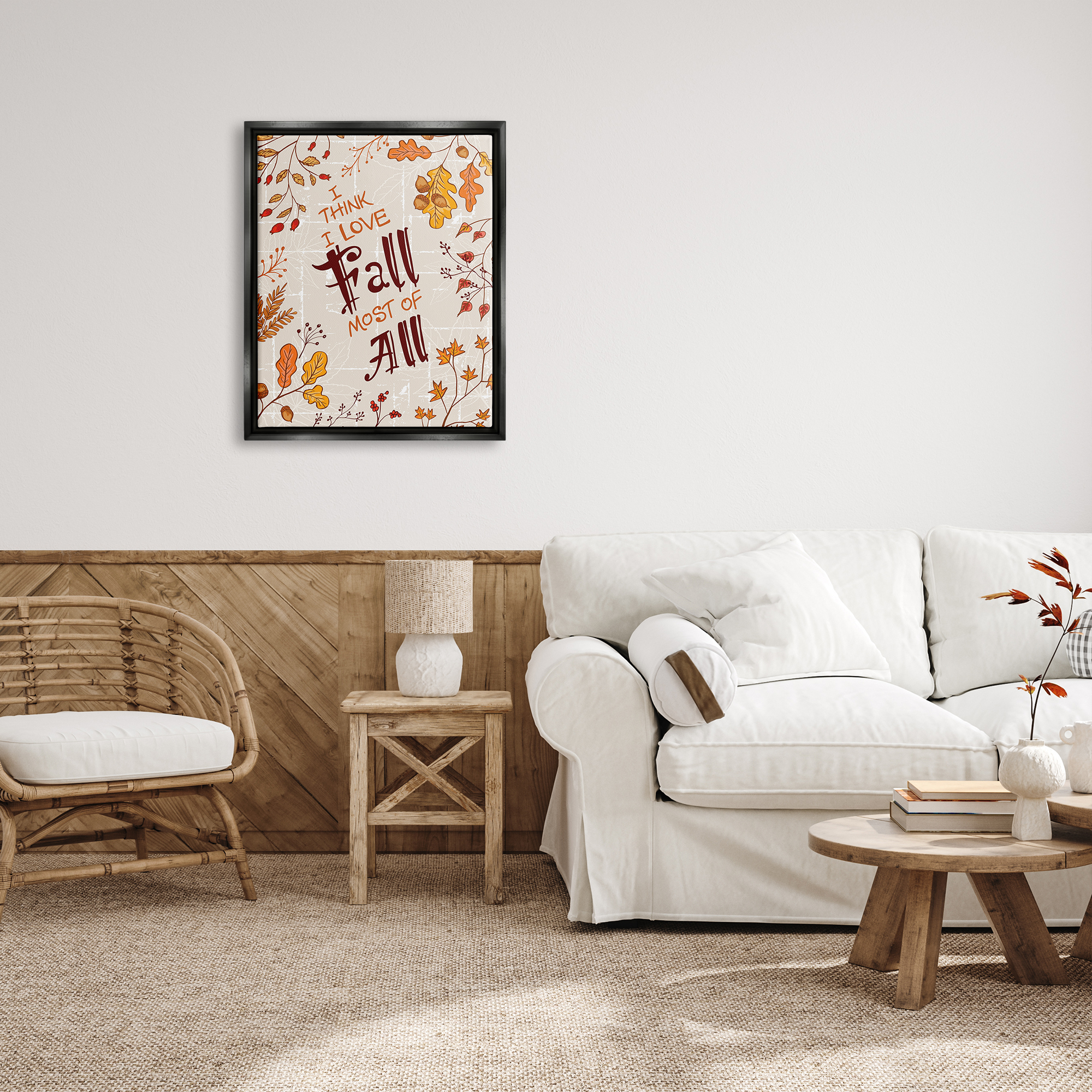 Stupell Industries Love Fall Leaf Border Botanical & Floral Painting Black Floater Framed Canvas Art Print Wall Art, 25 x 31