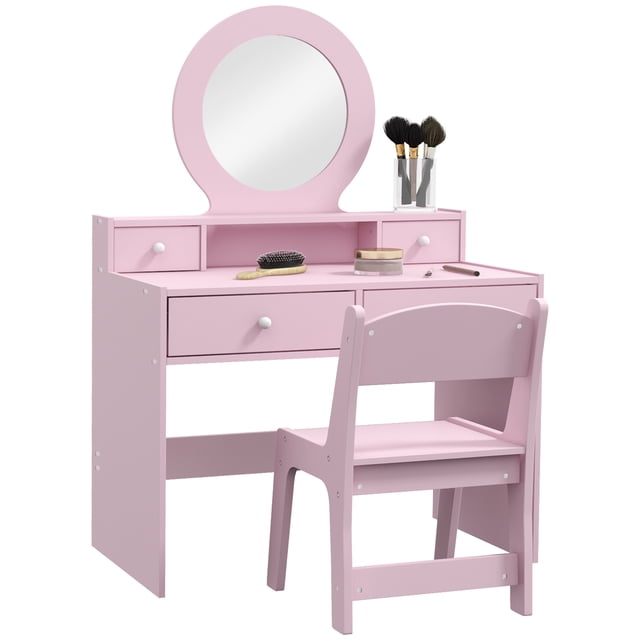 Qaba Kids Vanity Set, Children Dressing Table w/ Mirror and Stool, Pink