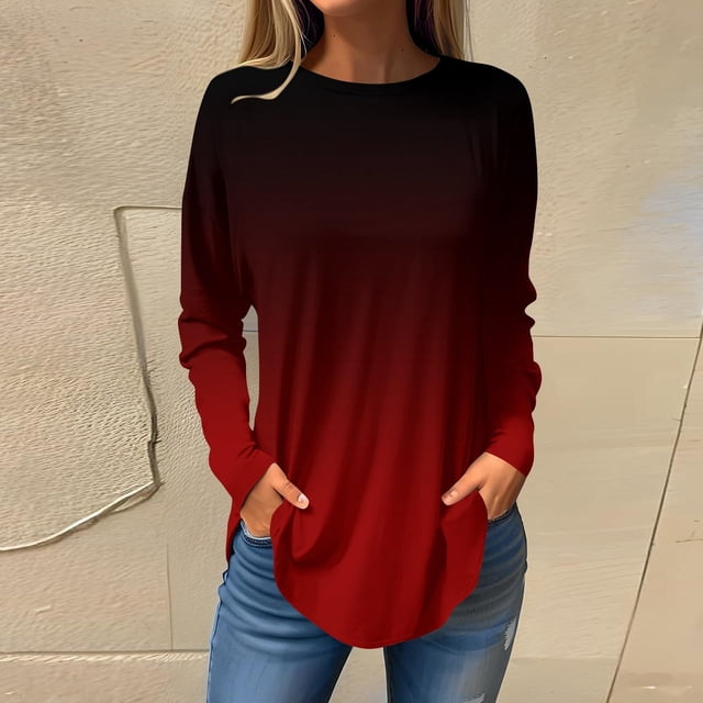 Birdeem Womens Round Neck Printing Fall Blouses Fashion Smocked Long Sleeve Shirts Tops