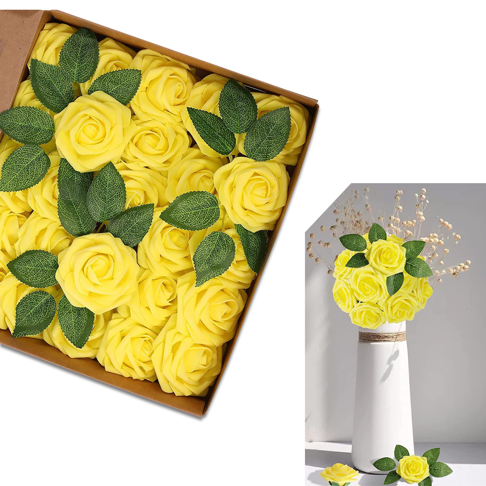 Yellow Foam Fake Roses, 25 Pcs Real Looking Aqua Artificial Rose