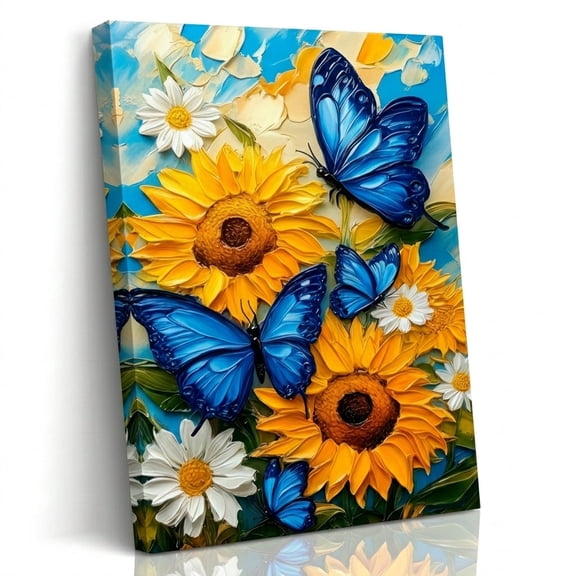 PORMIPONE Sunflower Butterfly Wall Art, 16x24in Framed Canvas, Colorful Floral Painting, Blue Butterfly Yellow Flower Wall Decor for Living Room Bedroom Kitchen