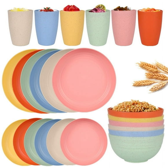 Nvzi 24pcs Wheat Straw Dinnerware Set,Plates and Bowls Set,Camping Dish Set for 6, Plastic Dinnerware Set,Dishwasher Safe Dinnerware Set,Multicolour A