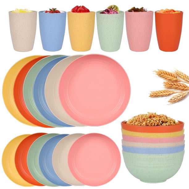 Nvzi 24pcs Wheat Straw Dinnerware Set,Plates and Bowls Set,Camping Dish Set for 6, Plastic Dinnerware Set,Dishwasher Safe Dinnerware Set,Multicolour A