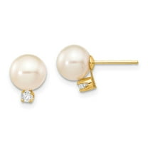 Primal Gold 14 Karat Yellow Gold 7-8mm White Round Freshwater Cultured Pearl .10ct Diamond Post Earrings