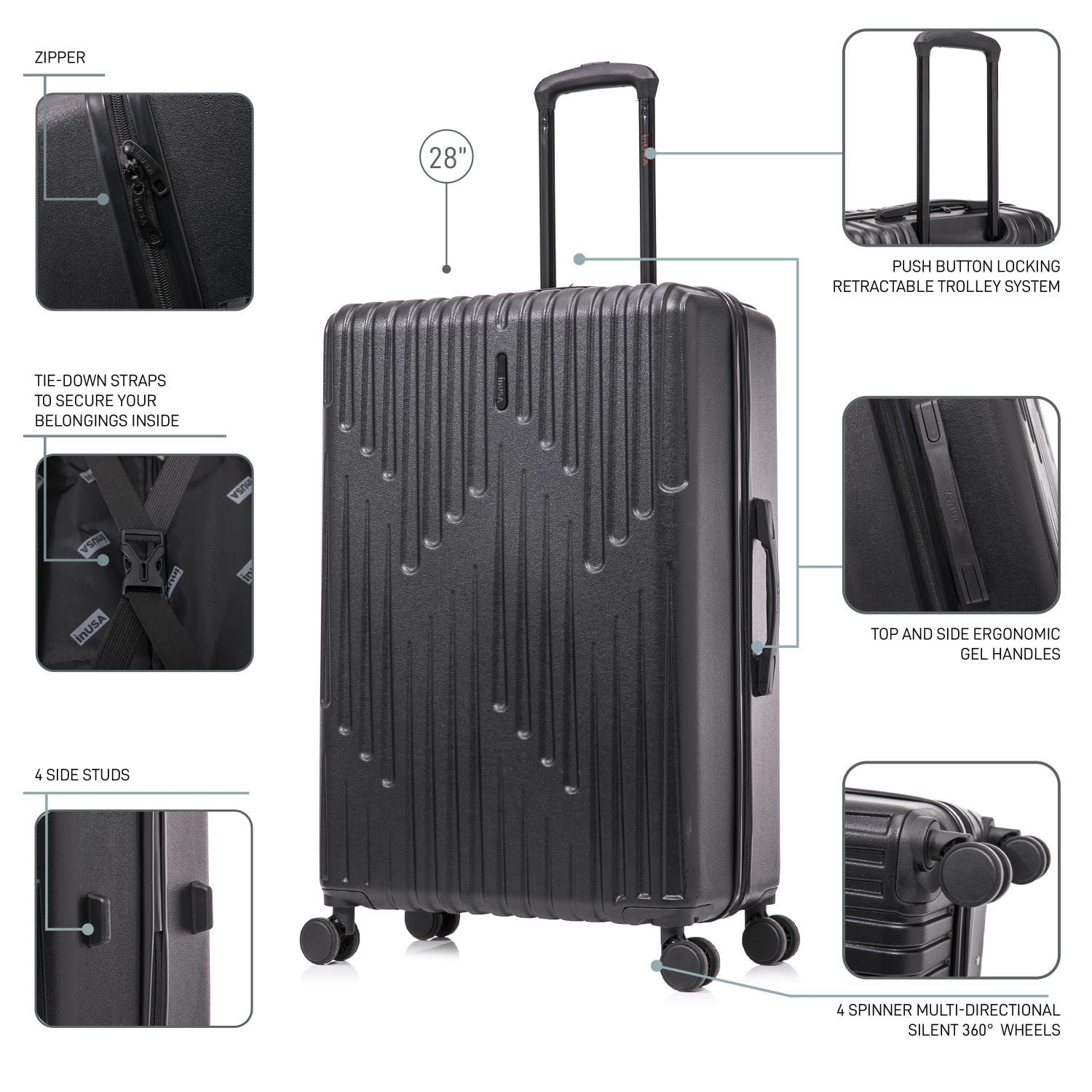 InUSA DRIP 28" Hardside Lightweight Checked Luggage with Spinner Wheels, Handle and Trolley, Black