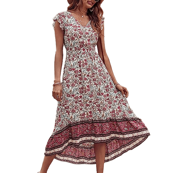 Women's Long Dress Casual Floral V-Neck hat Sleeves Bohemian Style Flowing Dress-Red