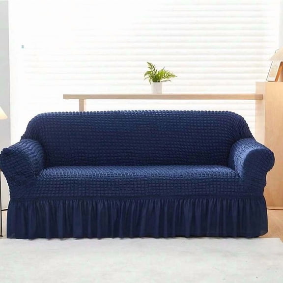 Greek Blue Skirted Stretch Sofa Slipcover, Elastic Fabric Couch Cover For Living Room Decor