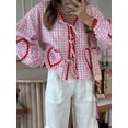 thumbnail image 5 of Yunliwuli Women's Plaid Print Shirt Long Sleeve V-Neck Bow Tie-Up Front Ric Rac Trim Loose Blouse, 5 of 9