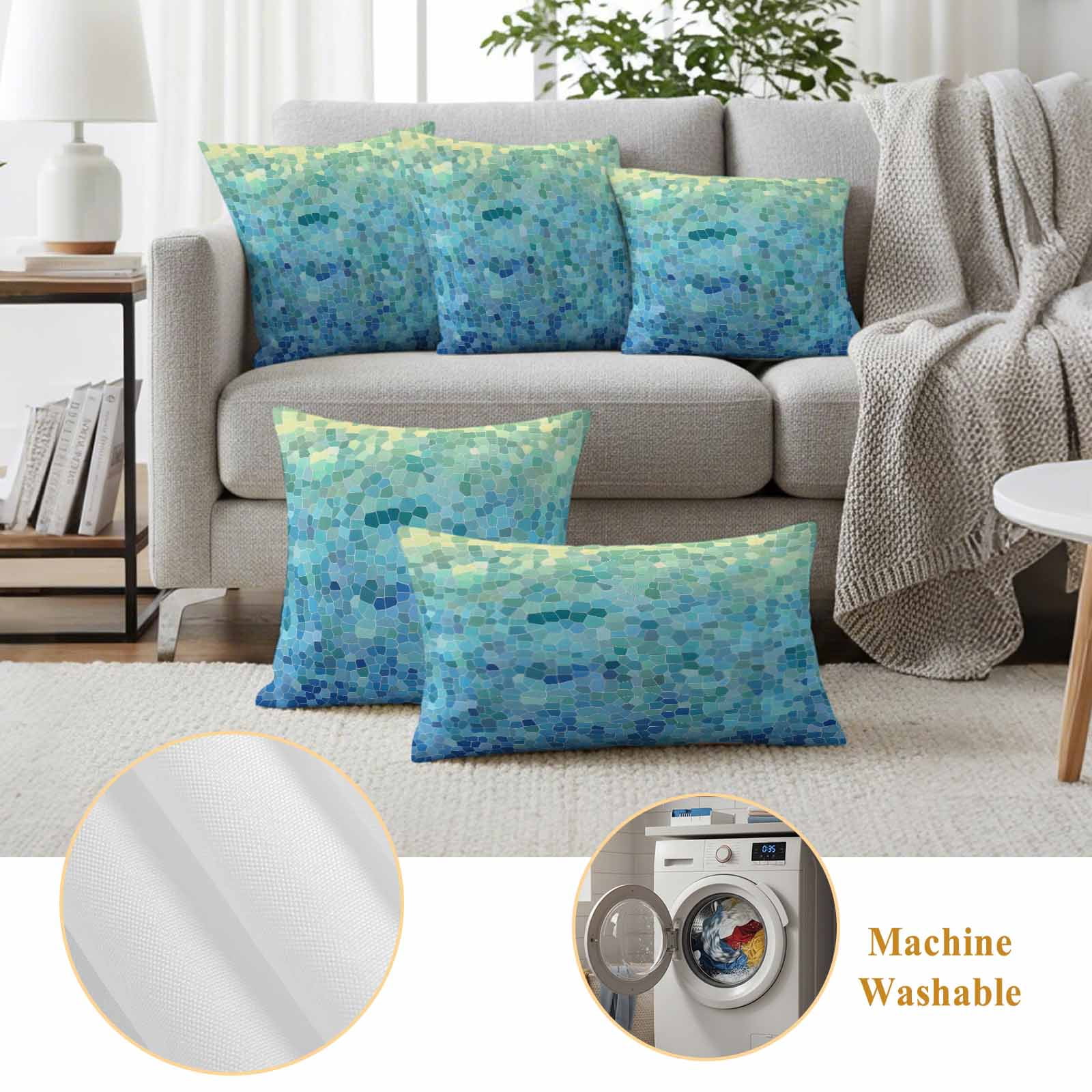 Turquoise Blue Teal Outdoor Waterproof Pillow Covers, Chic Stained Glass Texture Aesthetic Decorative Square Throw Pillowcase Sofa Cushion Sham for Patio/Couch/Chair, 24"x24" 2 Pack