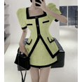 thumbnail image 2 of Small Fragrant   Square Collar Patchwork Puff Sleeve Top + High Waist Mini Skirt Two Piece Set for Women - Yellow / M, 2 of 7