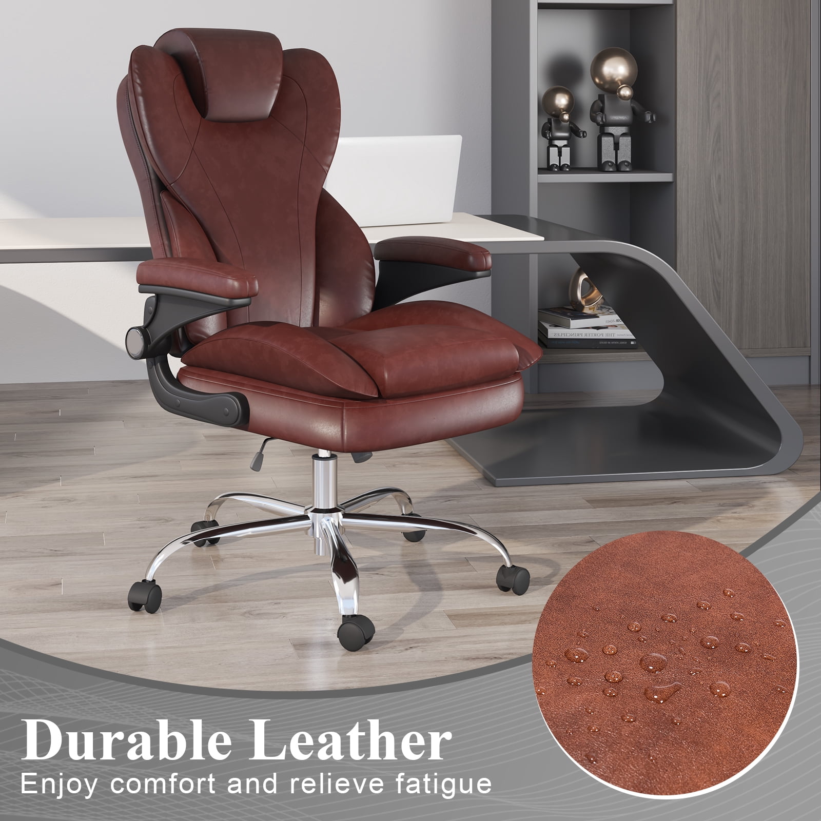 E-motie Home Office Chair with Flip-up Arms, Adjustable High Back Chair, Quiet Nylon Wheels, Brown