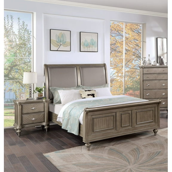 Cal King Size Bed And 2x Nightstands Grey Finish Upholstered HB Bedroom Furniture 3pc Set Gorgeous Classic Luxury Wooden Veneer
