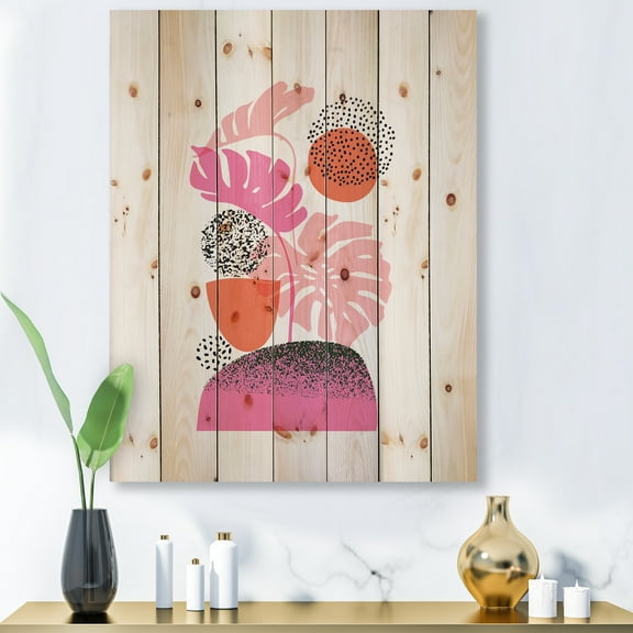Designart 'Geometric Sun and Moon Shapes With Tropical Leaves' Modern Print on Natural Pine Wood