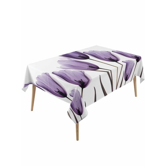 Purple Turquoise Tulip Table Cloth, Botanical Floral Petal Plants Waterproof Tablecloth for Rectangle Tables, Reusable Washable Fabric Table Cover for Restaurant Kitchen Dining Tables 54"x108"