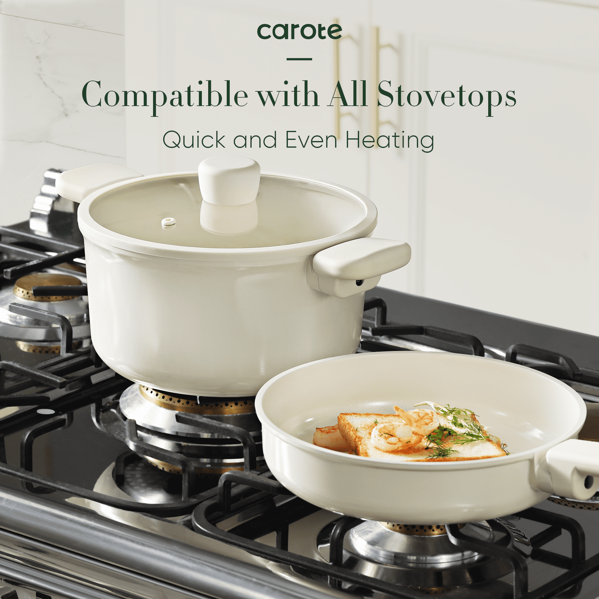 Carote Nonstick Ceramic Cookware Set 12-Piece,Kitchen Pots and Pans Set,Stay-Cool Handles,Induction Compatible,Cookware Set for RV and Camping,White