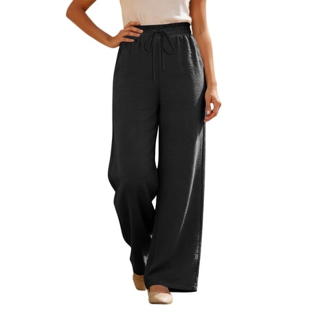 Bbyeadc Wide Leg Pants Women Drawstring Loose Bottoms Solid Color Trousers Fashion High Waisted Running Pants with Pockets Black (XXL)