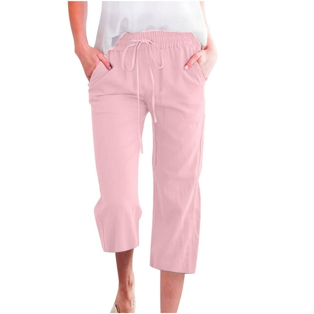 Pantalones capri de lino de cintura alta para mujer de Umfun, pantalones de talla grande, pantalones deportivos de control de abdomen, rosa M