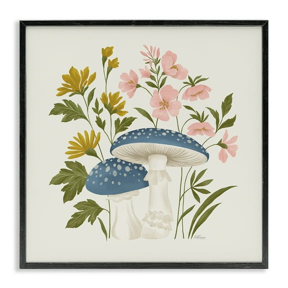 Stupell Industries Blue Mushrooms & Wildflowers Floral Painting Black Framed Art Print Wall Art, 12 x 12