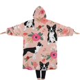 thumbnail image 2 of Oversized Wearable Blanket Hoodie,Boston Terrier Dog and Flower Florals Sherpa Blanket Hoodie with Super Pockets,Super Warm Fuzzy Pullover for Women & Men, 2 of 6
