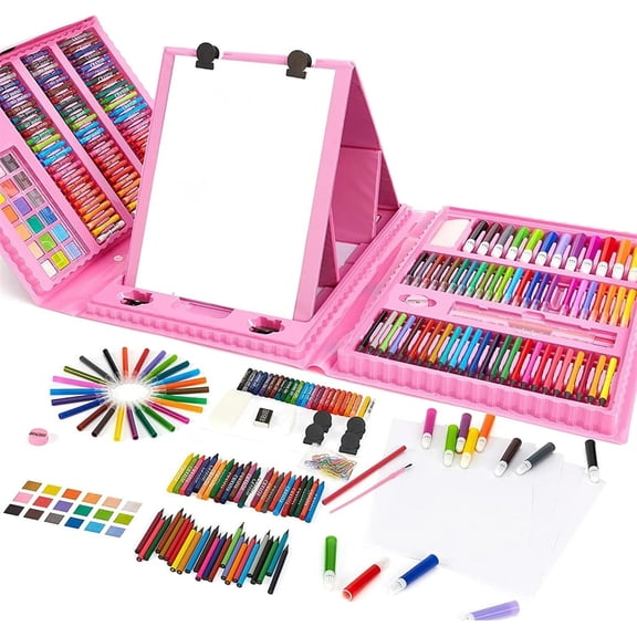 208 Pcs Art Supplies Kid's Drawing Art Kit Painting Art Set Crafts Case for Girls Boys Artist Gift Box with Trifold Easel, Includes Oil Pastels Crayons Colored Pencils Watercolor Pens Markers(Pink)