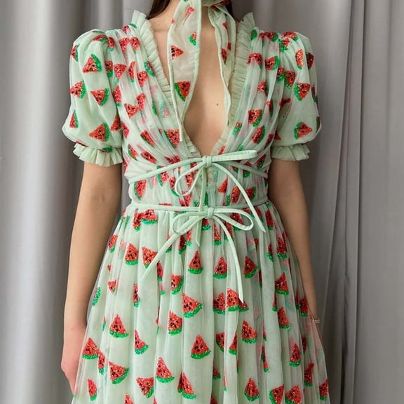 UPPADA Women Floral Print Wedding Guest Dress Lace Up Puff Sleeve Maxi Dress V Neck Elegant Formal Evening Gowns Ruffle Hem Cute Gown Up To 65% off