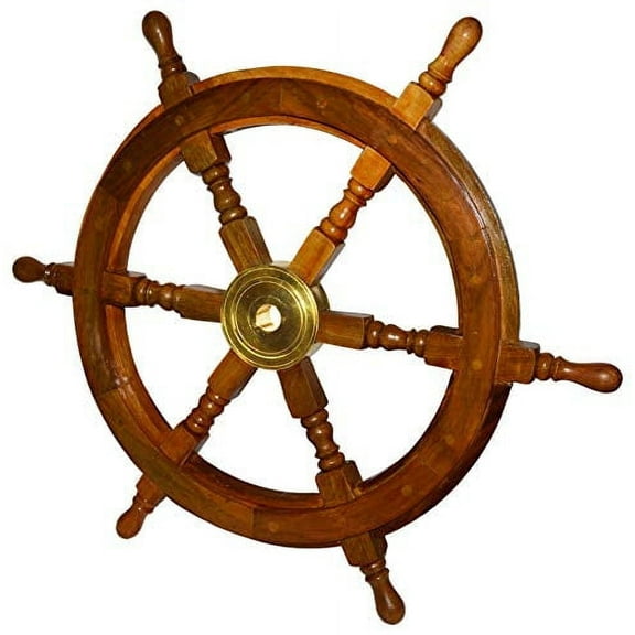 24 inch Wooden Ship Wheel Wall Decoration with Brass Center Hub, Turned Spokes and Handles - by SciencePurchase