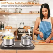 Hinzonek 2000W Portable Electric Double Burner, Electric Hot Plate Kitchen Cooktop Cooking Stove Frying Pan and Easy to Clean for Home or Dorm, 5 Adjustable Temperatures, Black