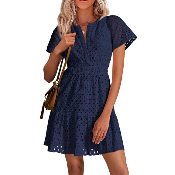Vestido PRETTYGARDEN 2025 de verano azul marino con cuello en V y encaje, talla M