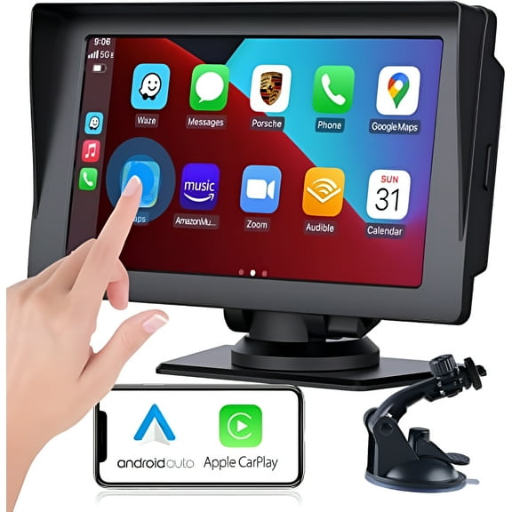 Portable Apple Carplay Polarlander,Wireless Apple Carplay and Android Auto，7'' Touch Screen Portable Car Stereo,Car Radio,Wireless AirPlay,Mirror Link,Bluetooth 5.0 Handsfree/FM/AUX/MIC/USB
